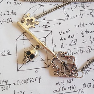 Gothic Steampunk Filigree Silver key with Crystal Eye Skull charm pendant necklace