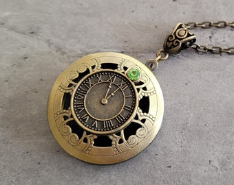 Bronze Vintage steampunk round Filigree locket watch clock gear pendant chain necklace