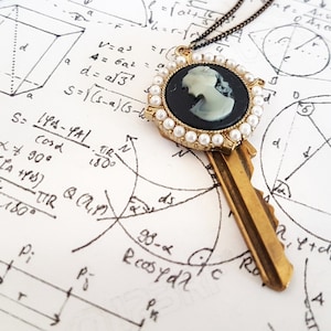 Open the Door (To Your Heart) - Gothic Steampunk Golden key with Victorian Cameo charm pendant necklace