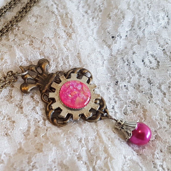 Industrial Kiss - Gothic Steampunk Bronze , Pink and Silver Cog Gear Filigree charm pendant necklace
