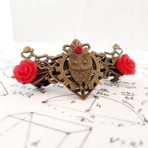 Red and Bronze Steampunk Owl hair accessory rose barrette clip pin