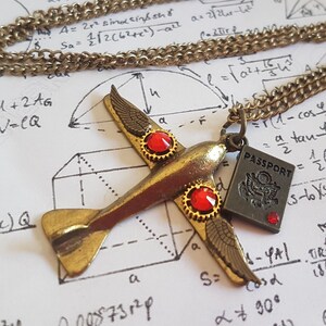 Greetings from Abroad #2 - Romantic Travel Air Plane and Passport wings cog gear charm pendant necklace