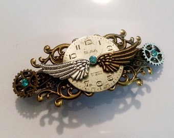 Time Flies - Bronze and silver Steampunk hair accessory crystal barrette clip pin
