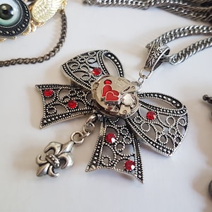 Gothic Steampunk Bow Crystals clock mechanism Cog Gear Statement charm pendant necklace