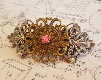 Gothic Steampunk bronze and silver with rose hair accessory filigree barrette clip pin