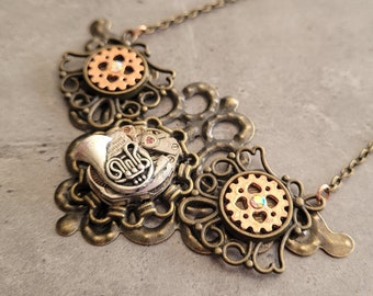 Gothic Steampunk Filigree Cog Gear Music French Horn Clock Mechanism cabochon charm pendant necklace