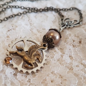 Gothic Steampunk Filigree Cog Gear Bead Unicorn charm pendant necklace