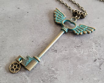 Flying Key - Gothic Steampunk Bronze Turquoise Green Patina Wing key Cog Gear charm pendant necklace