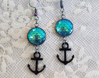 Gothic Steampunk Sea Nautical Anchor Mermaid Scales cabochon Dangle Drop Earrings