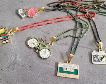 Retro Chic TV Tape Cassette Bicycle Camera Record Player 70's 80's enamel charm pendant necklaces