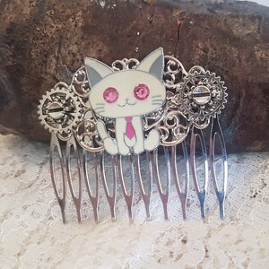 Gothic Steampunk Vintage Pink and Silver hair accessory Kitty Cat clock gear cog crystal comb