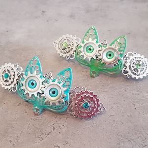 Foxy Gear - Turquoise or Green Silver Steampunk Fox hair accessory crystal barrette clip pin