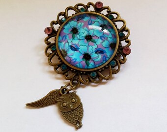 Blue Floral Brooch - Bronze Filigree Flower Owl and Wing cabochon brooch pin