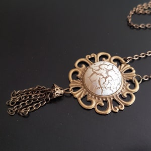 Gothic Romantic Filigree Bronze Flower cabochon Tassel charm pendant necklace