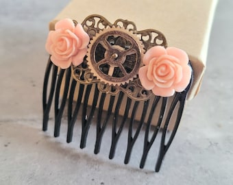 Pink and Black Romantic Vintage Filigree Clock Gear Rose Flowers Hair accessory comb