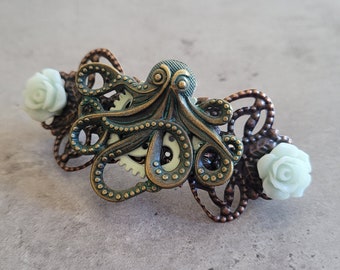 Octopus Game - Metal Colors and Green Octopus sea Nautical Anchor Cog Gear hair accessory barrette clip pin