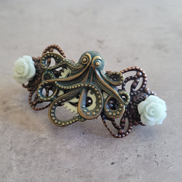 Octopus Game - Metal Colors and Green Octopus sea Nautical Anchor Cog Gear hair accessory barrette clip pin