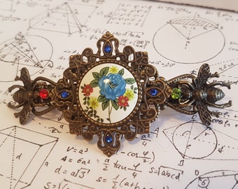 Gothic Steampunk bronze flowers and insects hair accessory filigree barrette clip pin