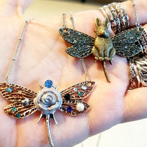 Gothic Steampunk Insect Dragonfly wings Rabbit Rose Flower charm pendant necklace