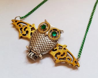 Golden Green nights - Original steampunk owl with bat wings charm pendant necklace