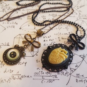 Black Gothic Steampunk Anatomy Body Parts Human Heart Eye Ball Filigree cameo cabochon charm pendant necklace