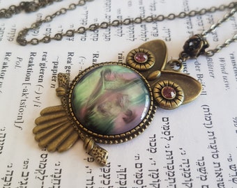Romantic Boho Chic Bronze and Marble owl charm pendant necklace