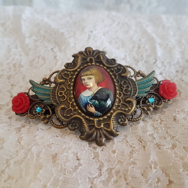 The Raven That Refused To Sing - Bronze, Red and Patina Turquoise Steampunk hair accessory crystal barrette clip pin