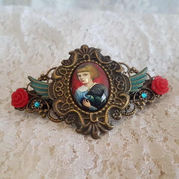 El cuervo que se negó a cantar - Bronce, rojo y pátina turquesa Steampunk accesorio para el cabello cristal barrette clip pin