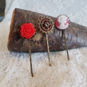 3 pcs Hair Bobby Pins set - Gothic Romantic Steampunk Rose, cog gear and Victorian Cameo