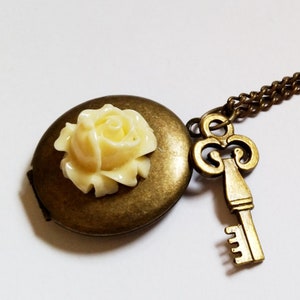 Ancient Garden - Gothic Steampunk Bronze and Cream rose with key locket charm pendant necklace