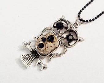 Gothic Owl Steampunk black swarovski clock mechanism charm pendant necklace