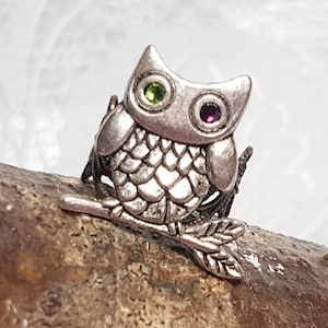 Nighty Night - Gothic Vintage steampunk silver Odd eyed Owl adjustable filigree ring