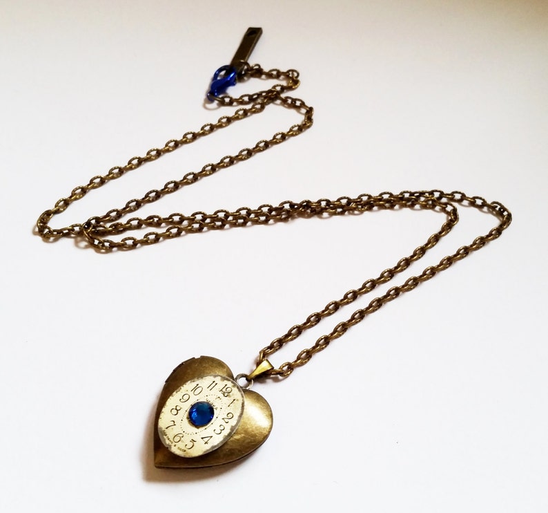 Gothic Steampunk bronze and Blue Crystal dial gear heart shape locket charm pendant necklace Israel Hand made Clock of the Heart