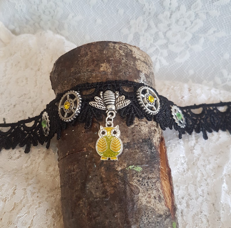 Save Tonight Gothic Steampunk Cog gear Owl charm pendant Lace Choker Israel Hand made