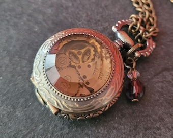 Gothic Steampunk upcycled Bronze pocket watch clock mechanism inside charm pendant necklace