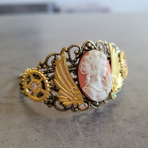 Maiden s Blush Gothic Steampunk Gears Wings and Victorian Lady Cameo Bronze and Golden Bracelet Etsy UK