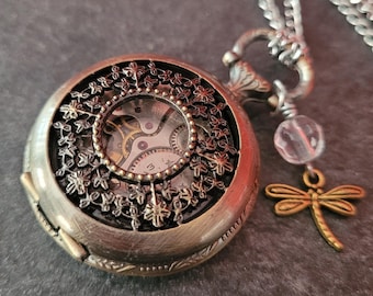 Gothic Steampunk upcycled Bronze pocket watch clock mechanism inside Dragonfly insect charm pendant necklace