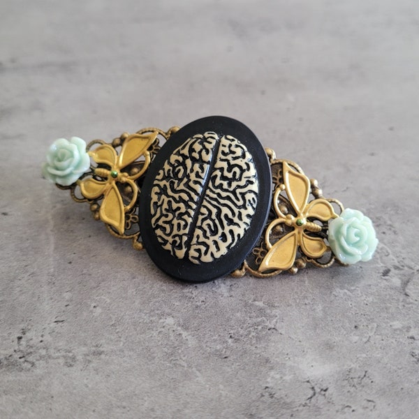 Brainwashing - Romantischer Steampunk Gehirn Cabochon Blumen und Schmetterlinge Haarschmuck Kristall Haarspange Clip Pin