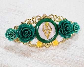 Golden and Green Filigree Roses Steampunk hair accessory barrette clip pin