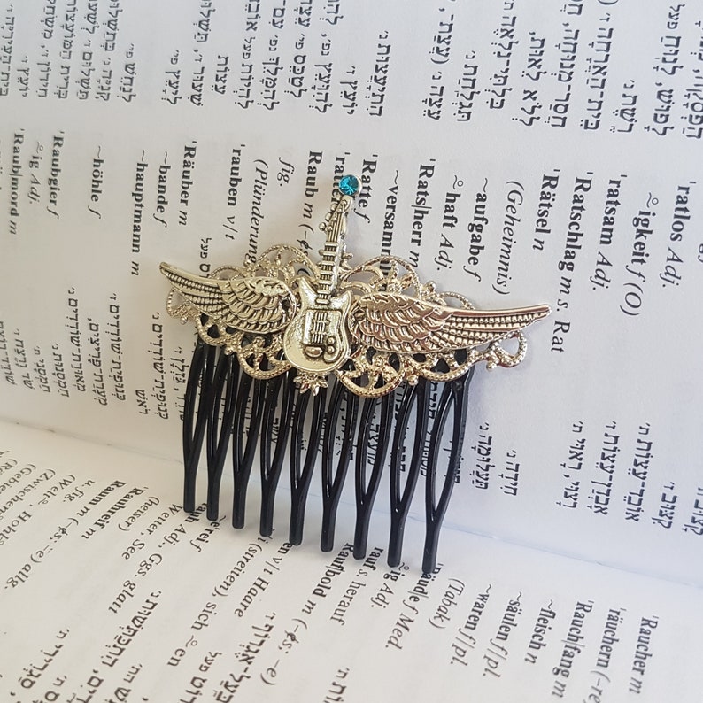 Fly High Gothic Steampunk Rock and Roll Green Black and Silver Guitar with wings hair accessory comb image 5