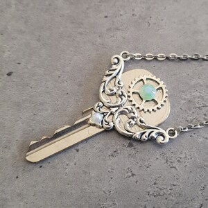 Perspective - Gothic Steampunk Filigree Silver key with cog gear charm pendant necklace