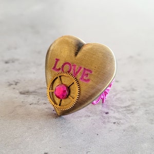 Steampunk Bronze heart and Pink crystal crystal Recycled Clock gear dial adjustable ring