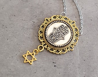 Boho Chic Jewish Filigree Ethnical Judaical Hamsa hand Evil Eye protect Star of David charm pendant necklace