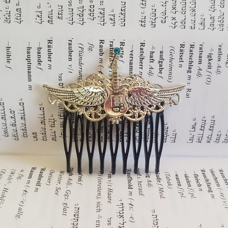 Fly High Gothic Steampunk Rock and Roll Green Black and Silver Guitar with wings hair accessory comb image 4