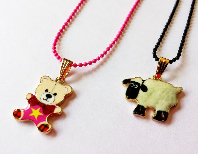 Original Enamel Sheep or Teddy bear charm pendant chain necklace