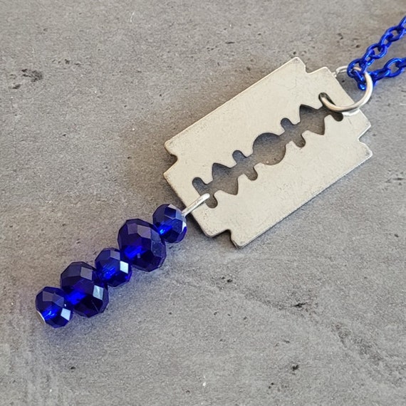 Special Silver Razor Blade and Blue Beads Link Chain Necklace - Etsy