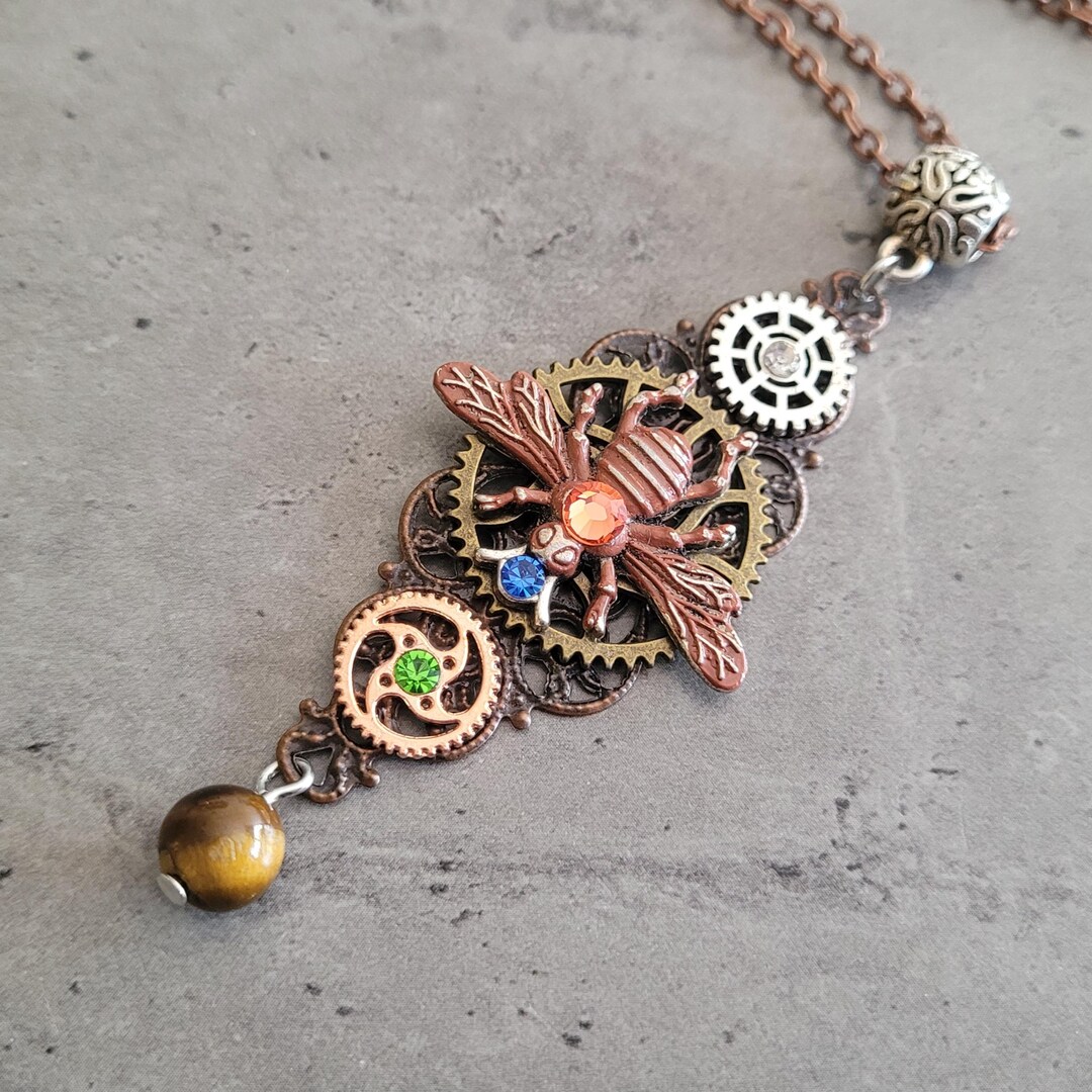 Gothic Steampunk Bee Insect Cogs Gears Filigree Charm Pendant Necklace ...