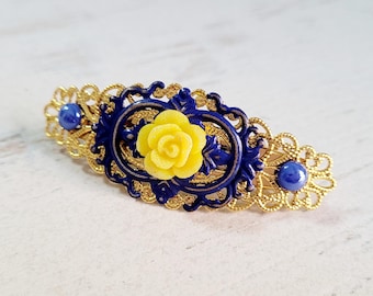 Romantic Hair accessory with a yellow rose in Golden and Blue Patina barrette clip pin
