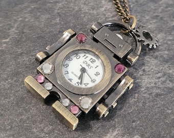 Original Bronze Robot pendant charm Pocket clock watch chain necklace