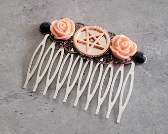 Rising Star - Gothic Steampunk Pink Rose Gold Pentagram and Roses Filigree hair accessory comb
